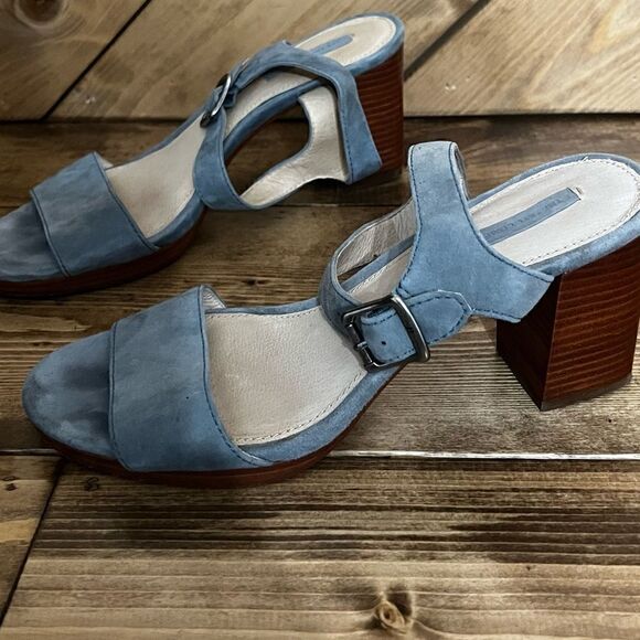 The Frye Company 🌻 Blake Sandals 8M blue suede stacked wood heel - Picture 5 of 6